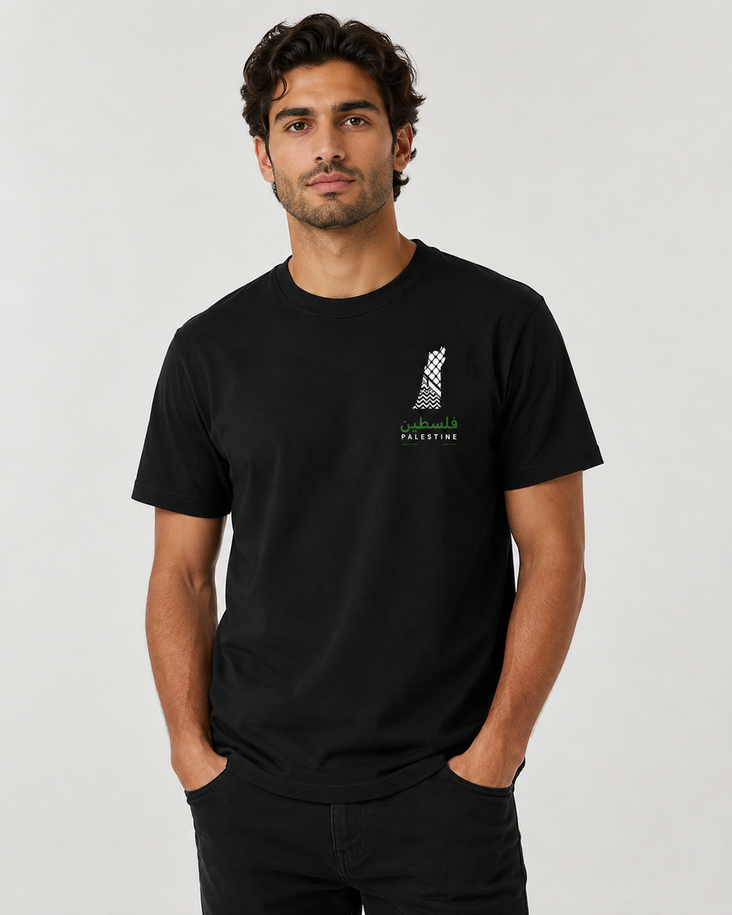 Palestine Keffiyeh Map Unisex T-Shirt – Black Front & Back Print