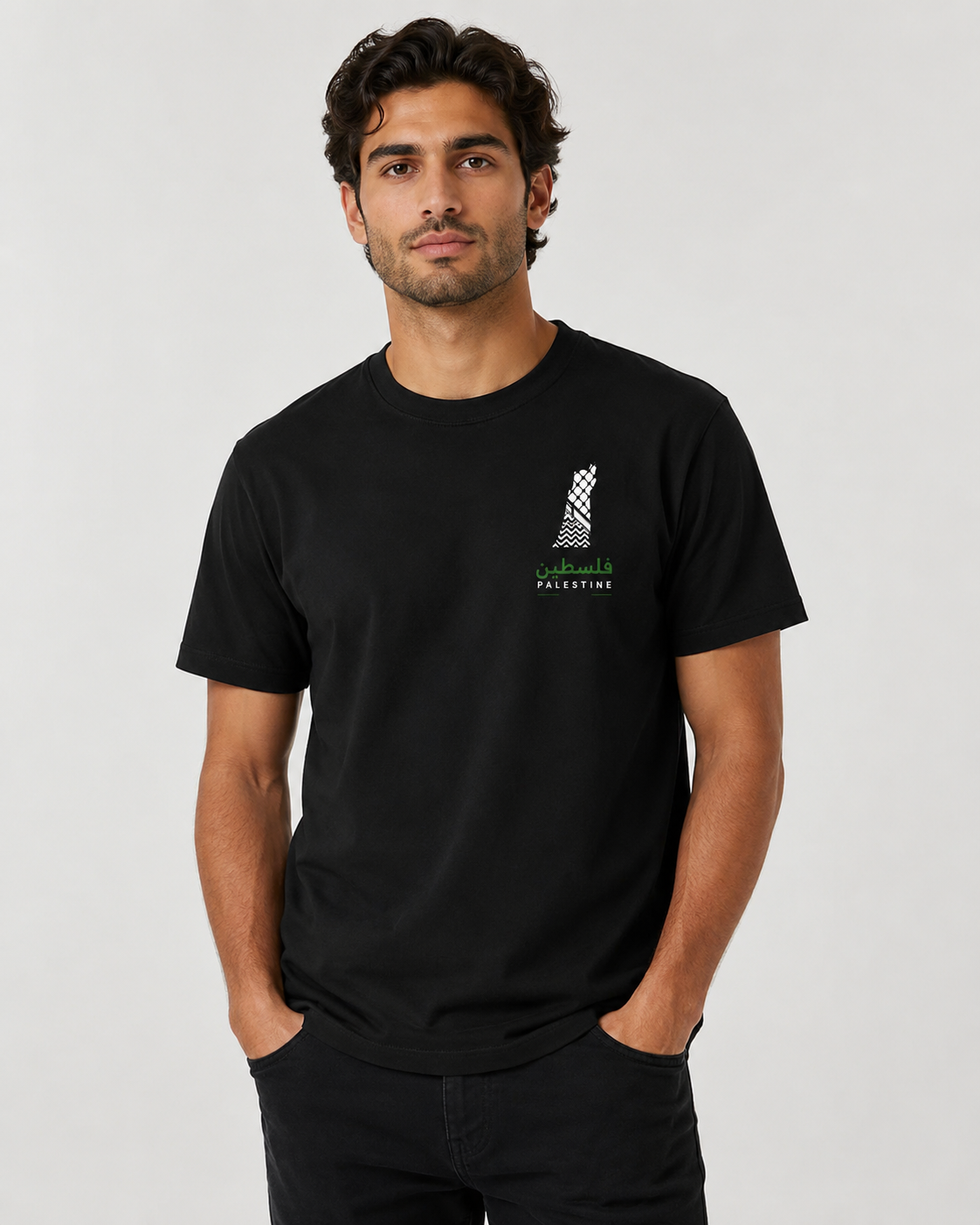 Palestine Keffiyeh Map Unisex T-Shirt – Black Front & Back Print