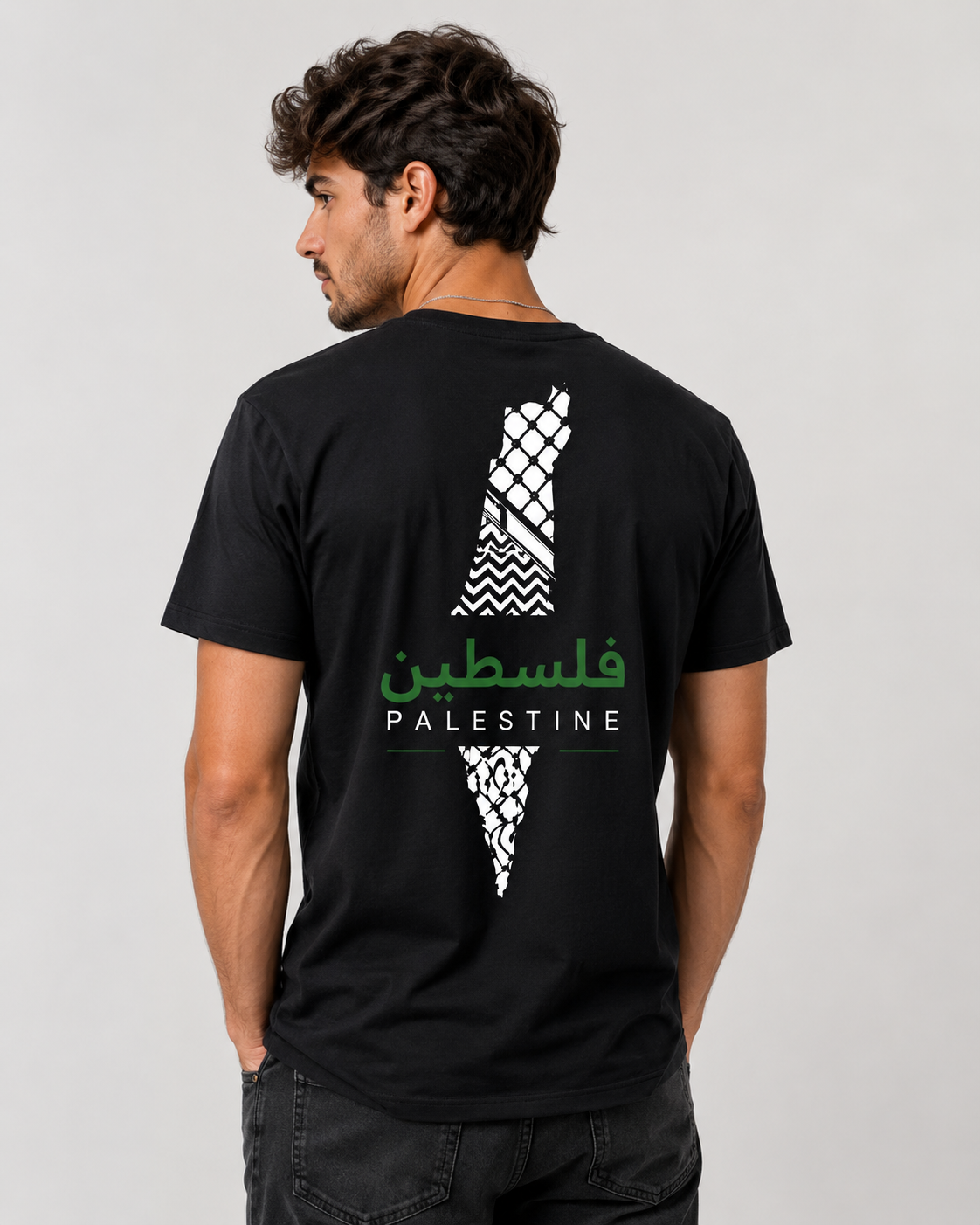 Palestine Keffiyeh Map Unisex T-Shirt – Black Front & Back Print
