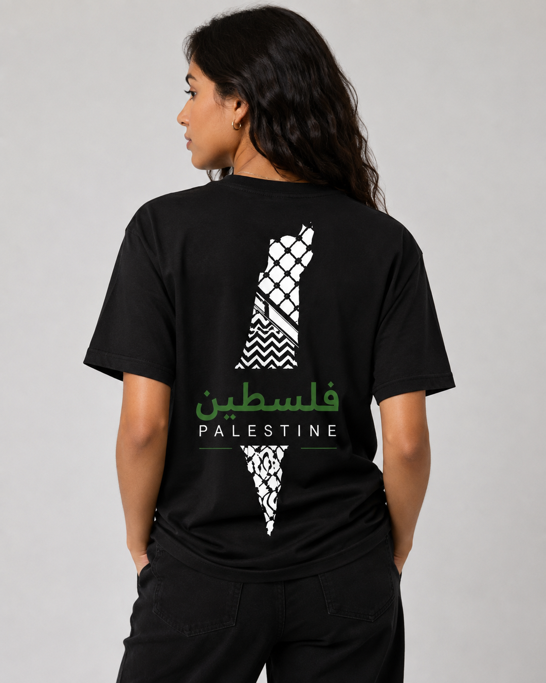 Palestine Keffiyeh Map Unisex T-Shirt – Black Front & Back Print