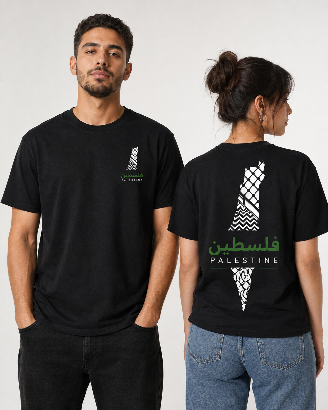 Palestine Keffiyeh Map Unisex T-Shirt – Black Front & Back Print